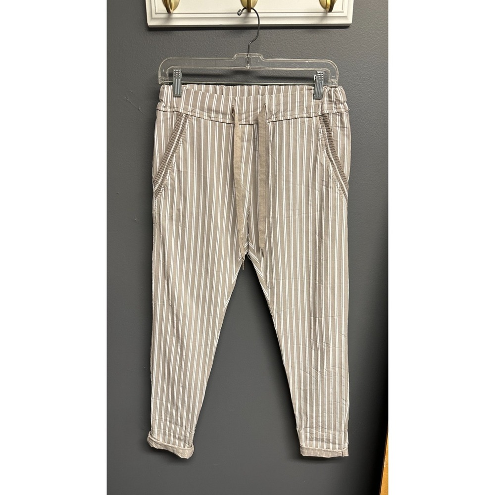 Tina Stephens Pull On Casual Pants Womens S/M Elastic‎ Drawstring Striped Italy